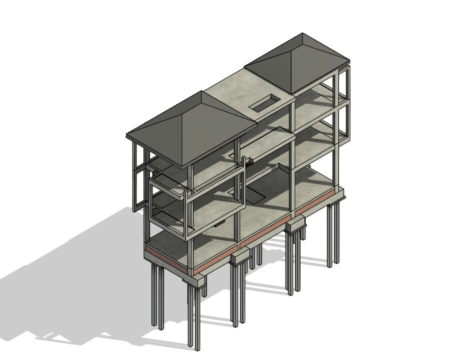 Mô hình 3D công trình thể hiện hệ cột, dầm, sàn và móng
