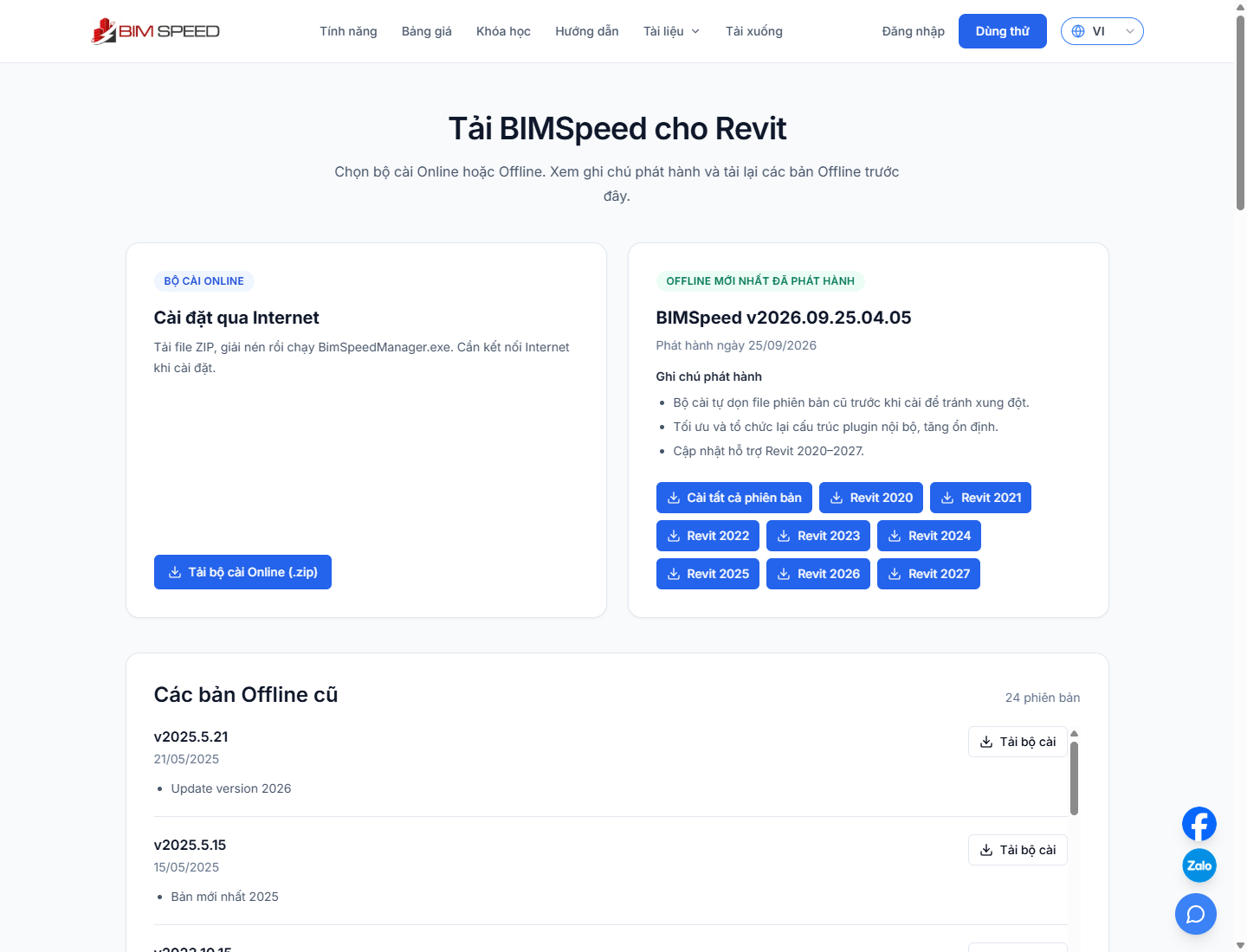 Trang tải BIMSpeed: Online ZIP, Offline theo phiên bản Revit và lịch sử phát hành