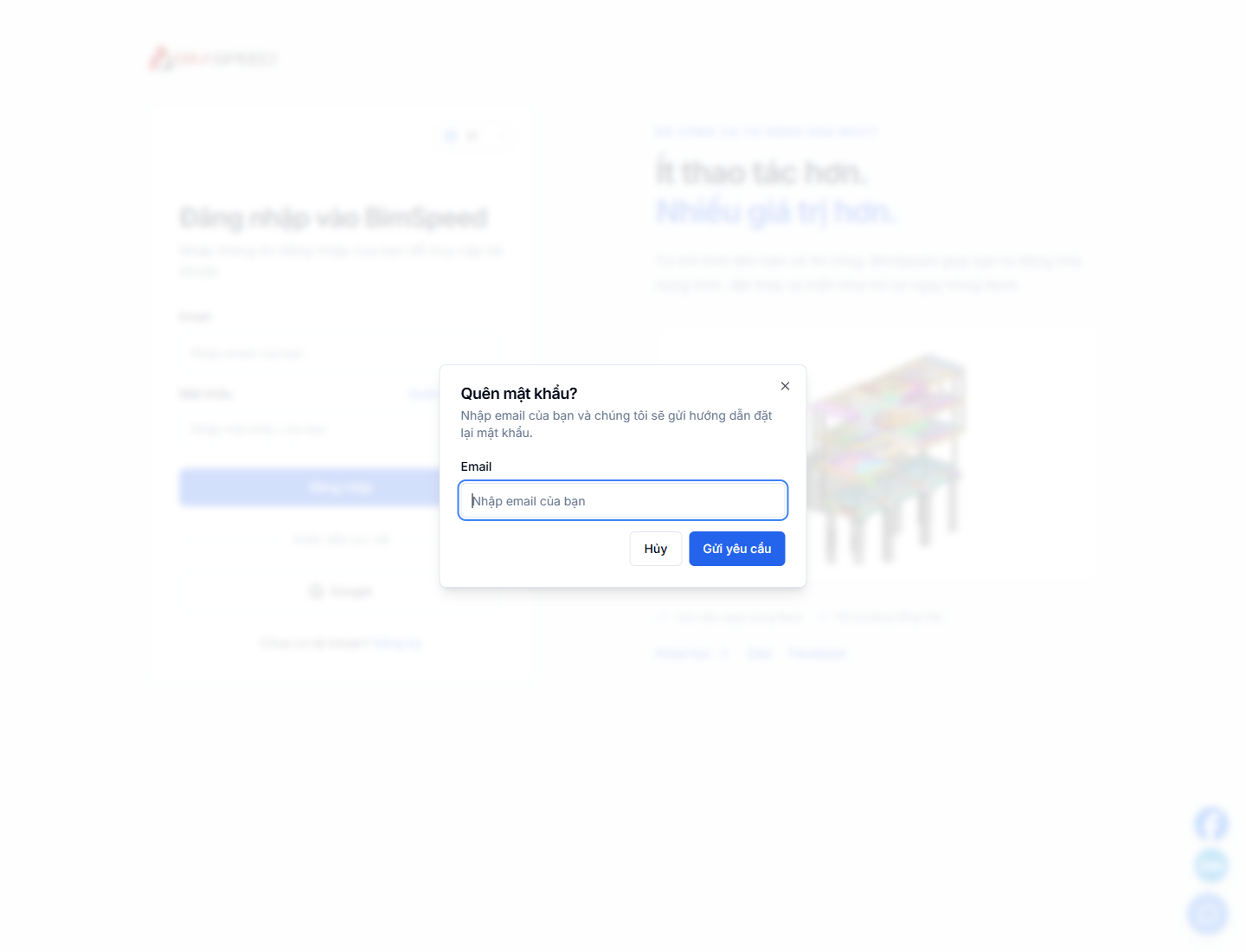 Cửa sổ quên mật khẩu BIMSpeed với trường email và nút Gửi yêu cầu