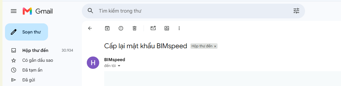BIMSpeed password reset email received in Gmail, showing only the subject and sender