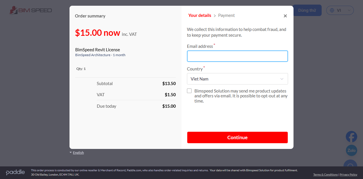 Actual Paddle checkout: one-month BIMSpeed Architecture order, USD 15 total, email and country