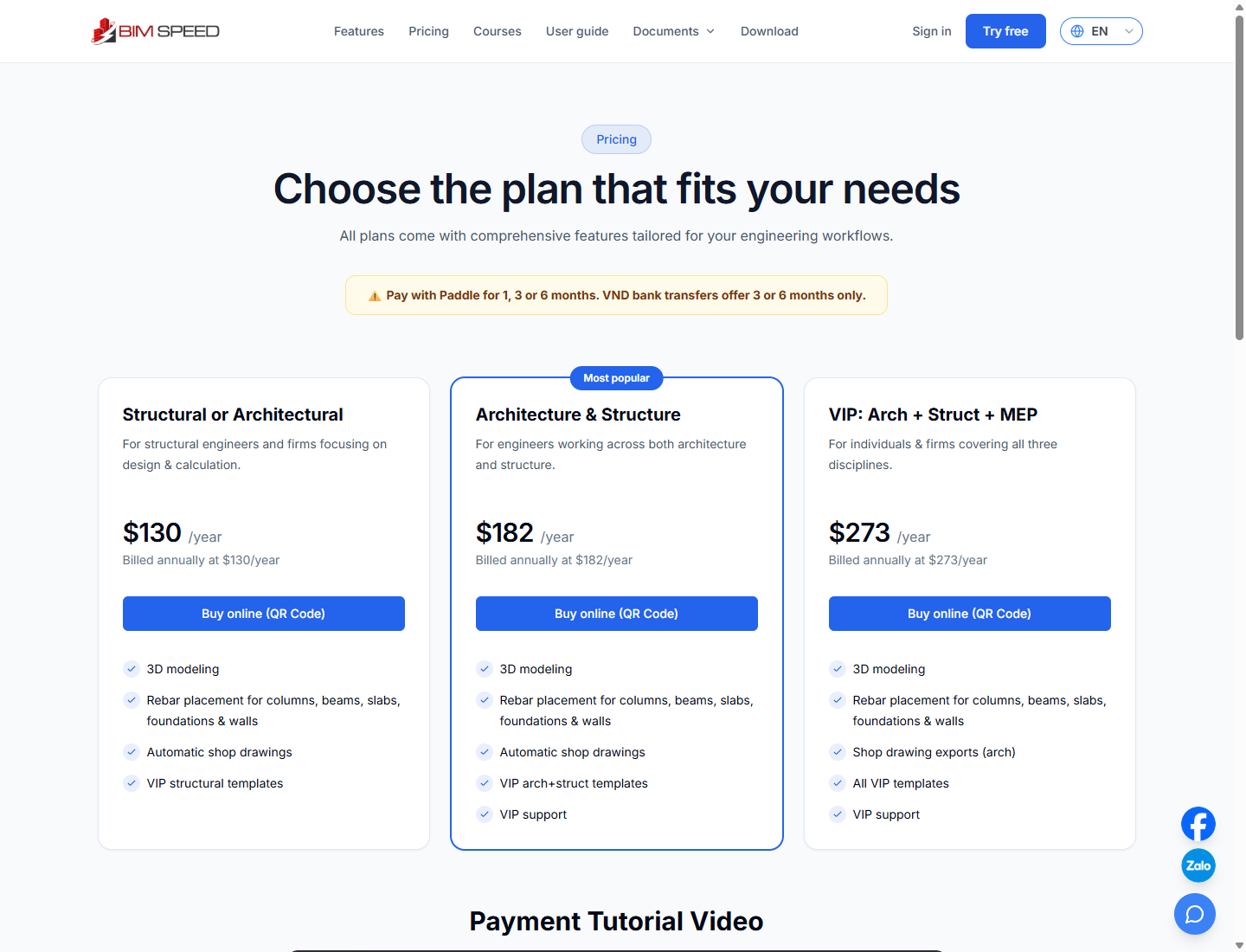 BIMSpeed English pricing page and software bundles