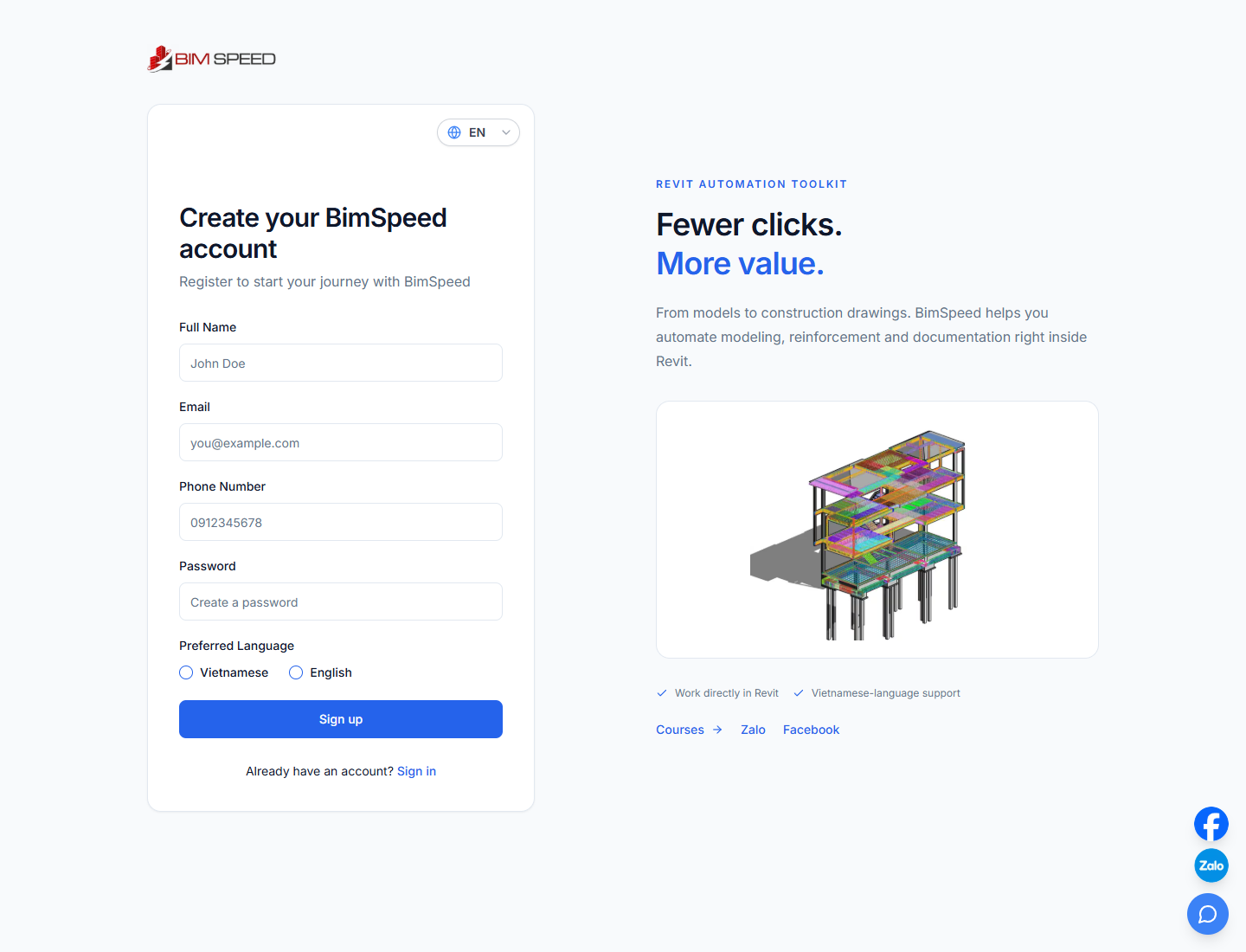 BIMSpeed registration form with name, email, phone and password